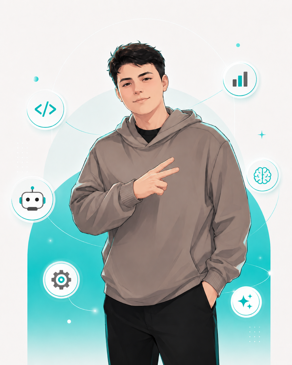 Ilustracion de Kike Builds con iconos de software, data, chatbots y AI